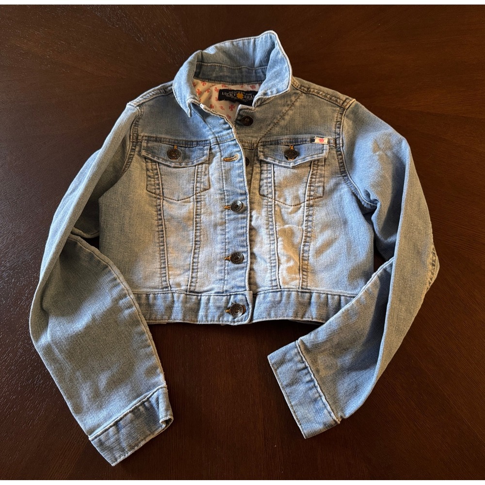 Lucky Brand Jean Jacket Girls Medium Light Blue Excellent Cropped Clover Lining